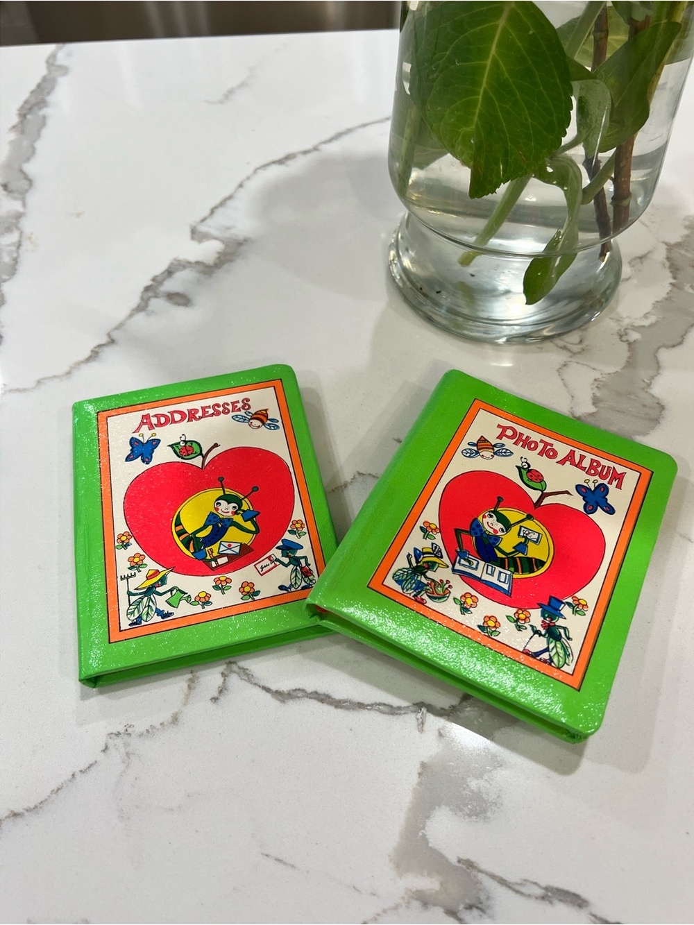 NWOT VTG 1970’s anthropomorphic design address & photo album, lime green, insect